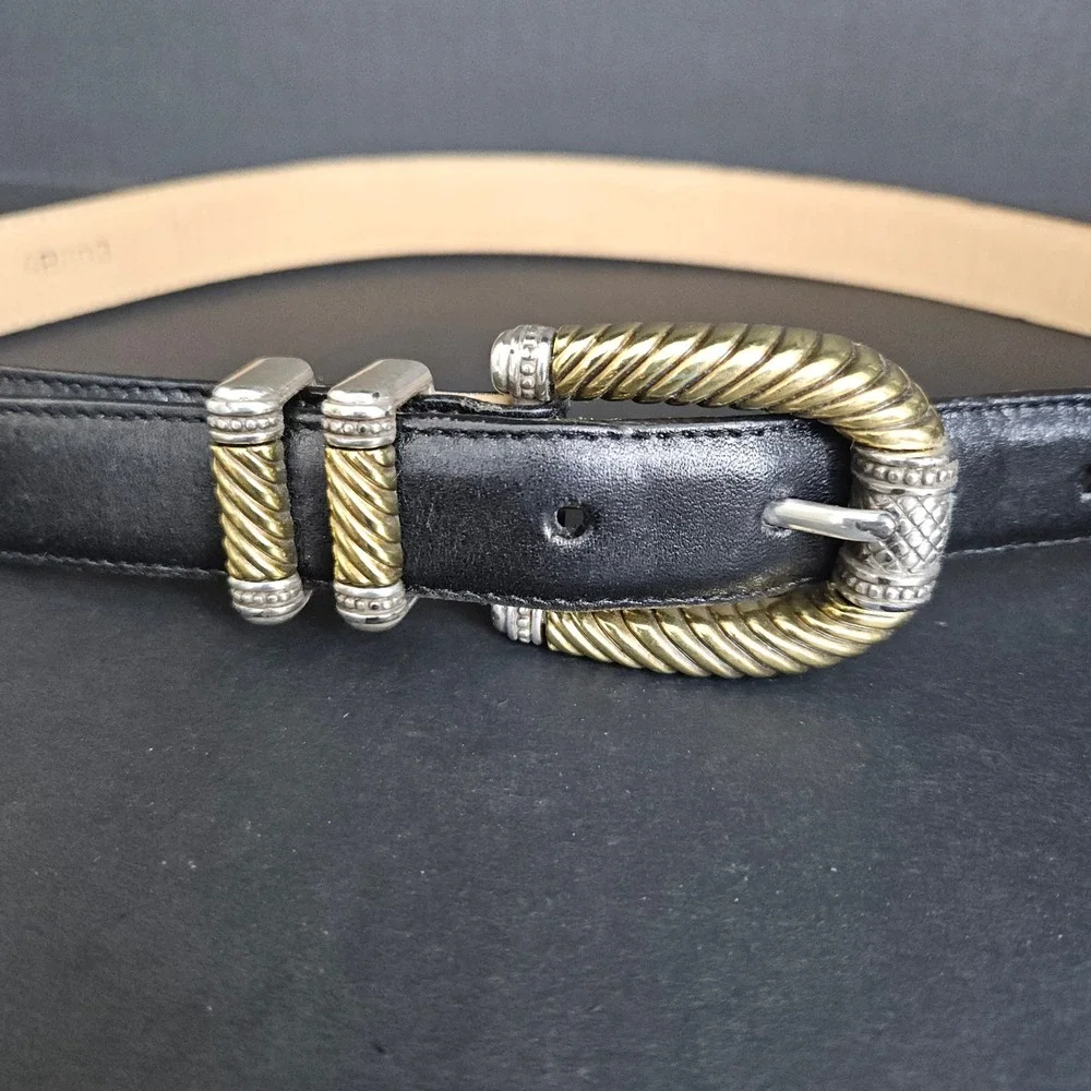 Brighton Women's Black Leather Belt ML 32 Silver & Gold Tones Metal Buckle 4B803